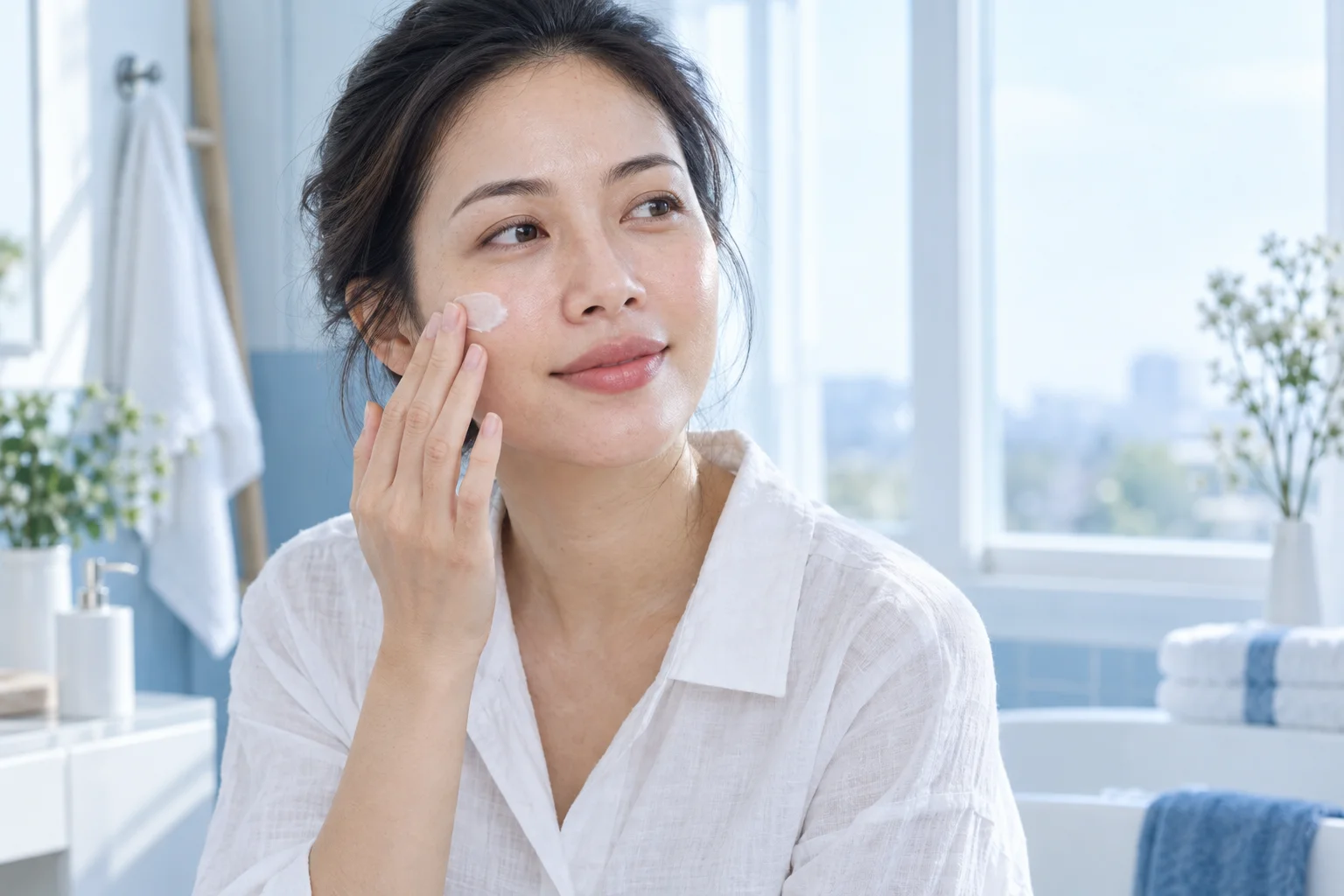 Hình ảnh minh họa bằng AI một người phụ nữ trong thói quen chăm sóc da hằng ngày