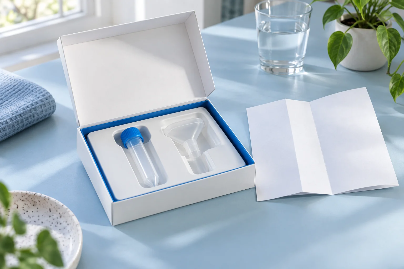 Hình ảnh minh họa bằng AI bộ vật dụng lấy mẫu tại nhà, không phải bộ kit thương mại của GeneSkinAI