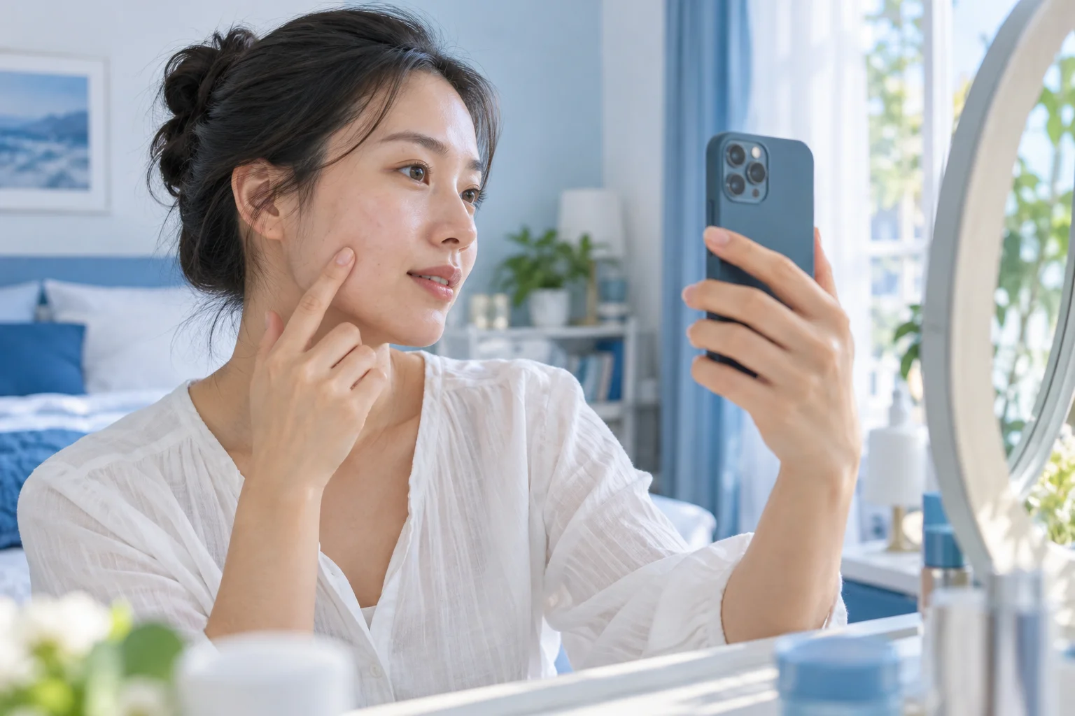 Hình ảnh minh họa bằng AI một người phụ nữ ghi nhận hành trình chăm sóc da trên điện thoại