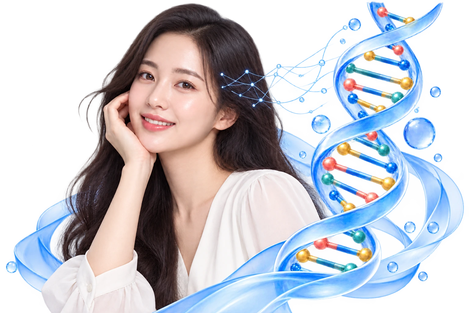 Gương mặt cô gái bên mô hình DNA với các cặp base nhiều màu